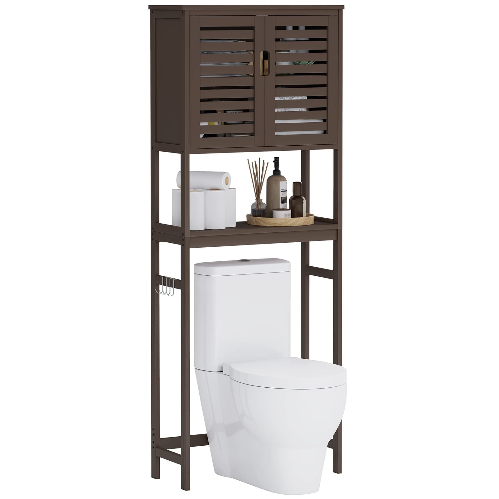 Over The Toilet Storage Cabinet, Freestanding Toilet Shelf with Cupboard and Adjustable Shelve, Brown