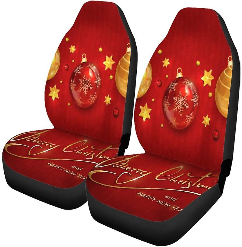 Set Of 2 Car Seat Covers Christmas Balls And Stars Beads On Red Holiday Snowflakes Universal Auto Front Seats Protector Fits