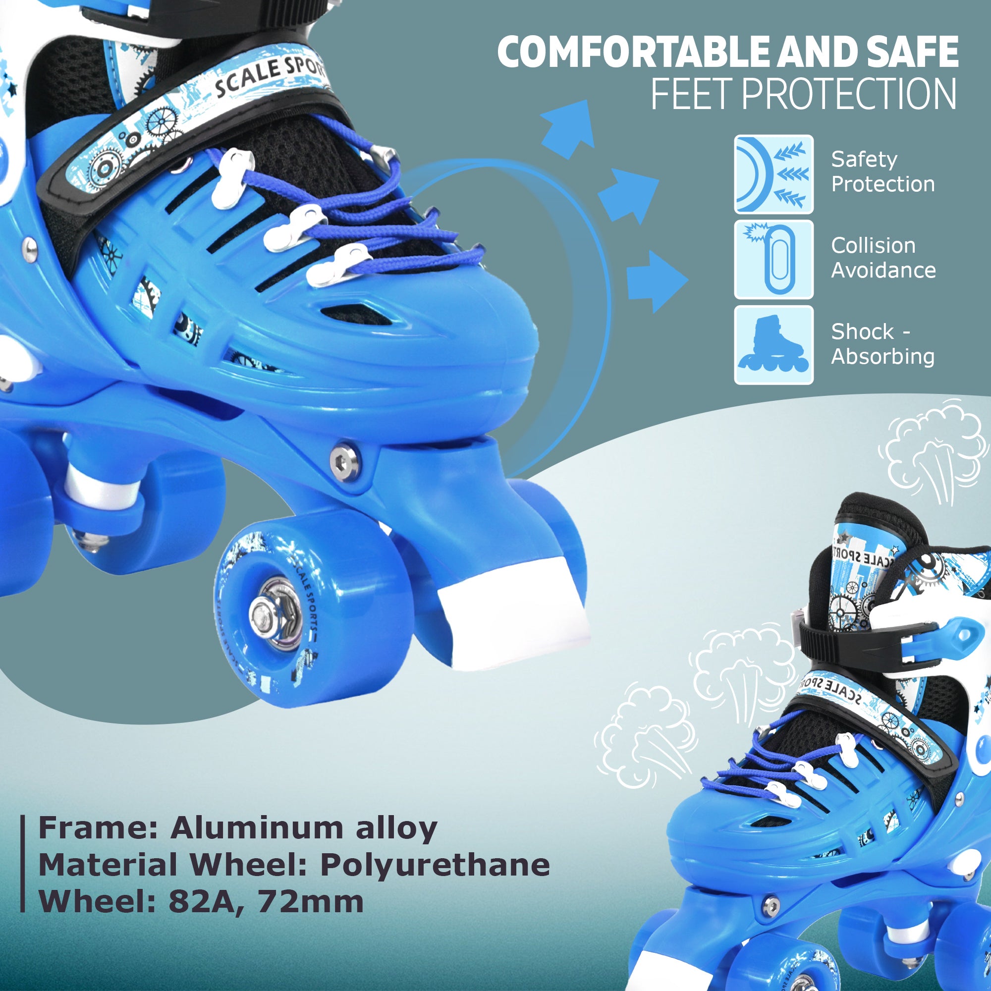 Adjustable Light Blue Quad Roller Skates For Kids Medium Sizes