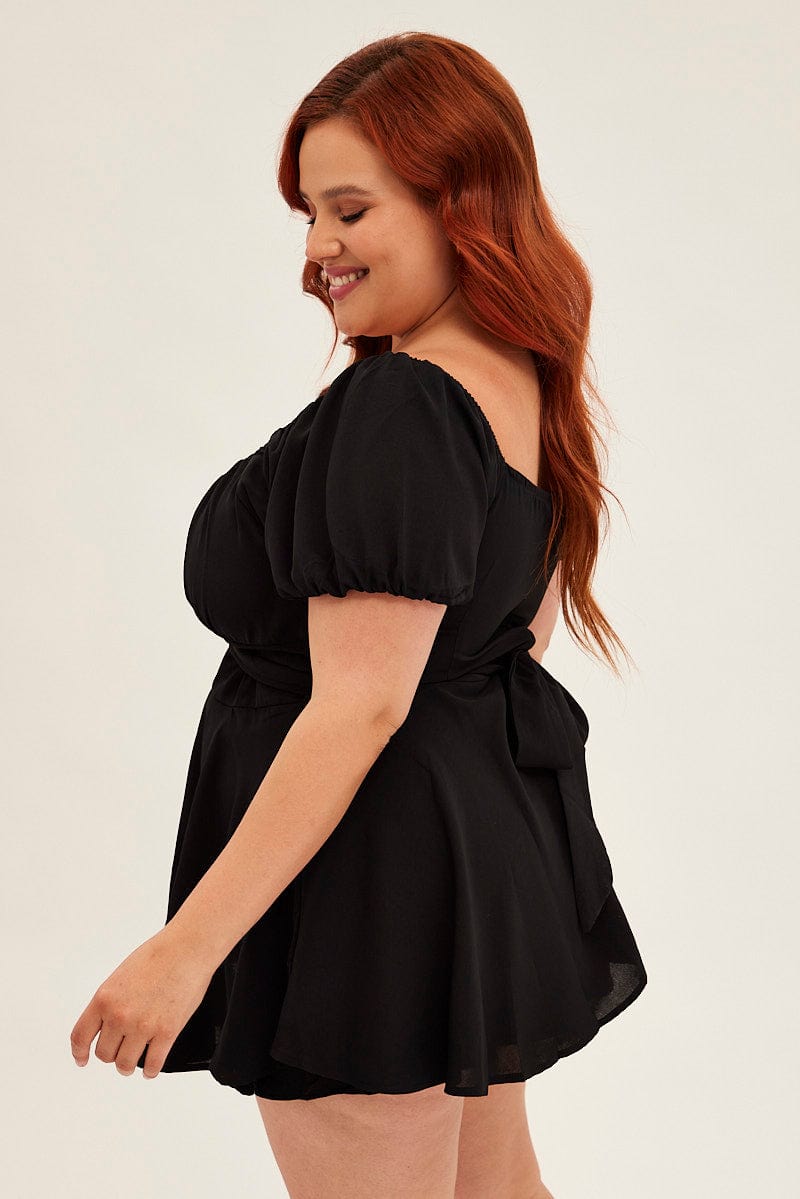Black Tie Playsuit Short Sleeve Sweetheart Neck