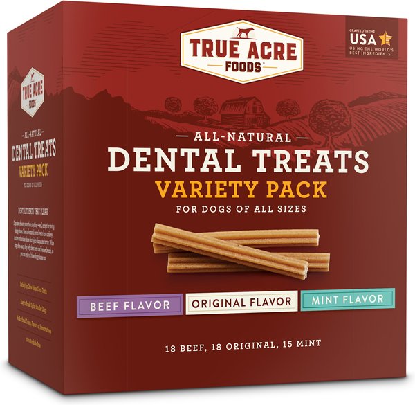 True Acre Foods All-Natural Dental Chew Sticks Variety Pack， Original， Beef， and Mint Flavor Dog Dental Treats