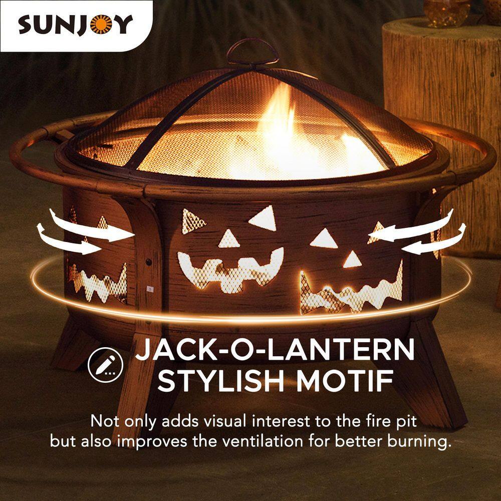 Sunjoy Ambercove 30 In. Outdoor Steel Jack-O-Lantern Motif Round Wood Burning Firepit A301026900