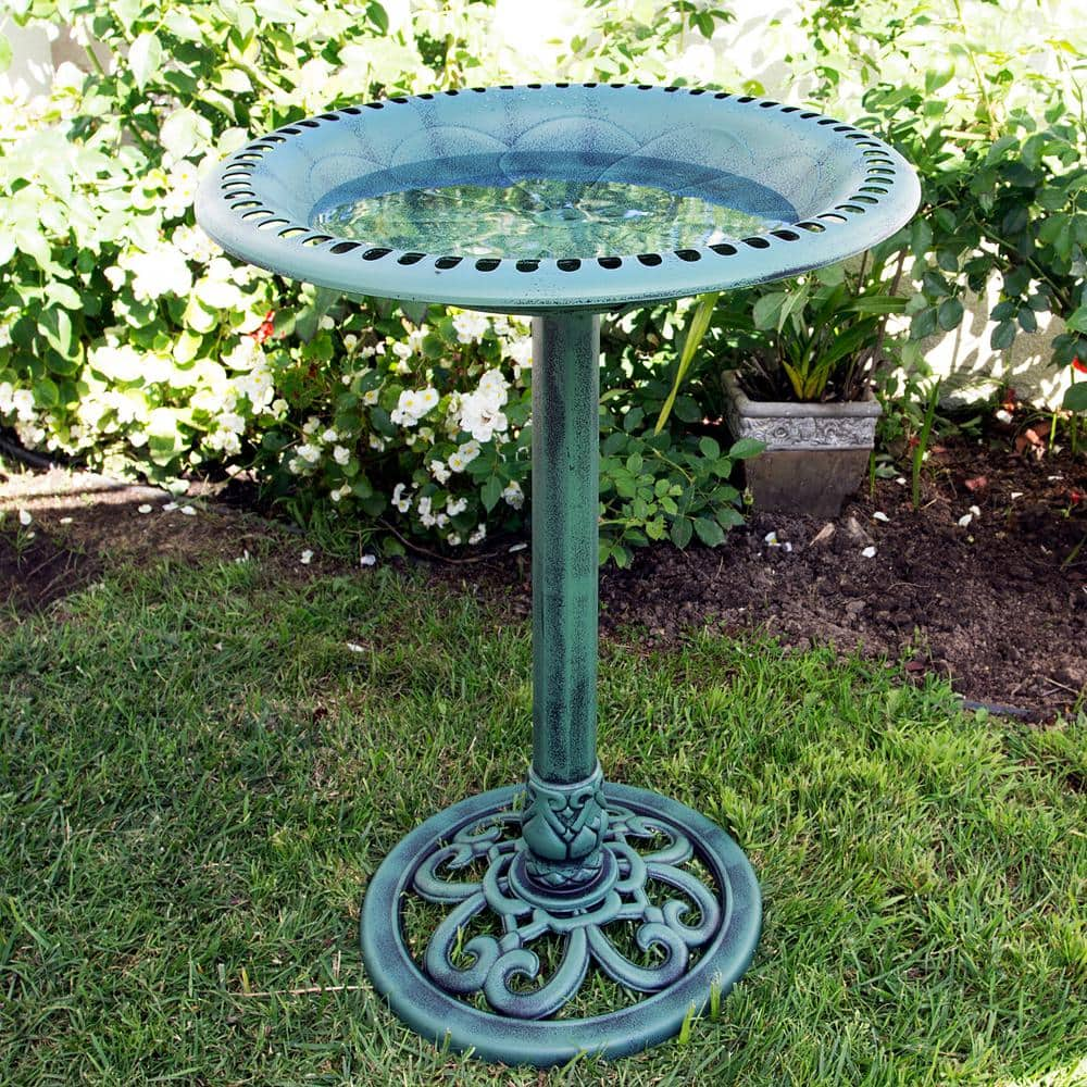 Alpine Corporation 28 in. Tall Outdoor Birdbath with Scrollwork Decoration Yard Statue TEC116