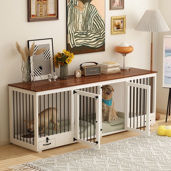 Modern White and Walnut Dog Crate Furniture - Versatile and Stylish - 86.6