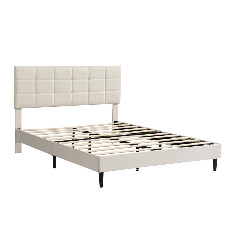 Beige Upholstered Platform Bed with Fabric Upholstered Headboard and Wooden Slats