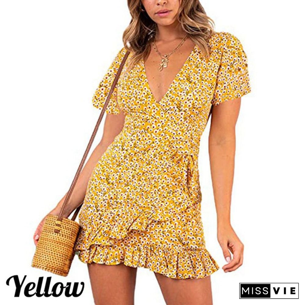 Women's Summer Short Sleeve Print Dress Wrap V Neck Polka Dot Print Ruffle Short Sleeve Mini Floral Dress Casual Short Dresses with Belt