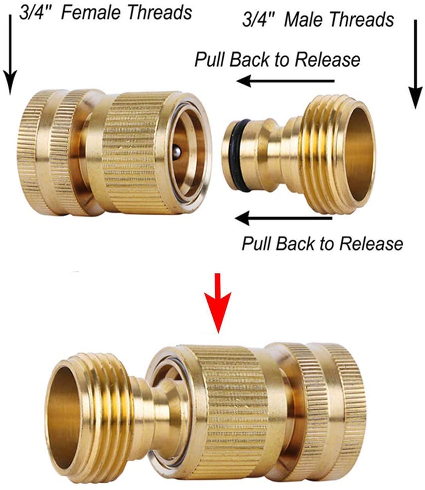 Garden Hose Quick Connect Solid Brass Quick Connector Garden Hose Fitting Water Hose Connectors Garden Hose Disconnect 3/4 inch GHT