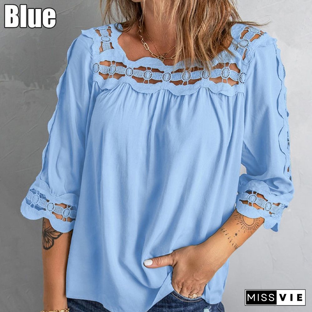 Spring and Summer Women's Stitching Lace Loose Top Casual Mid-sleeve T-shirt