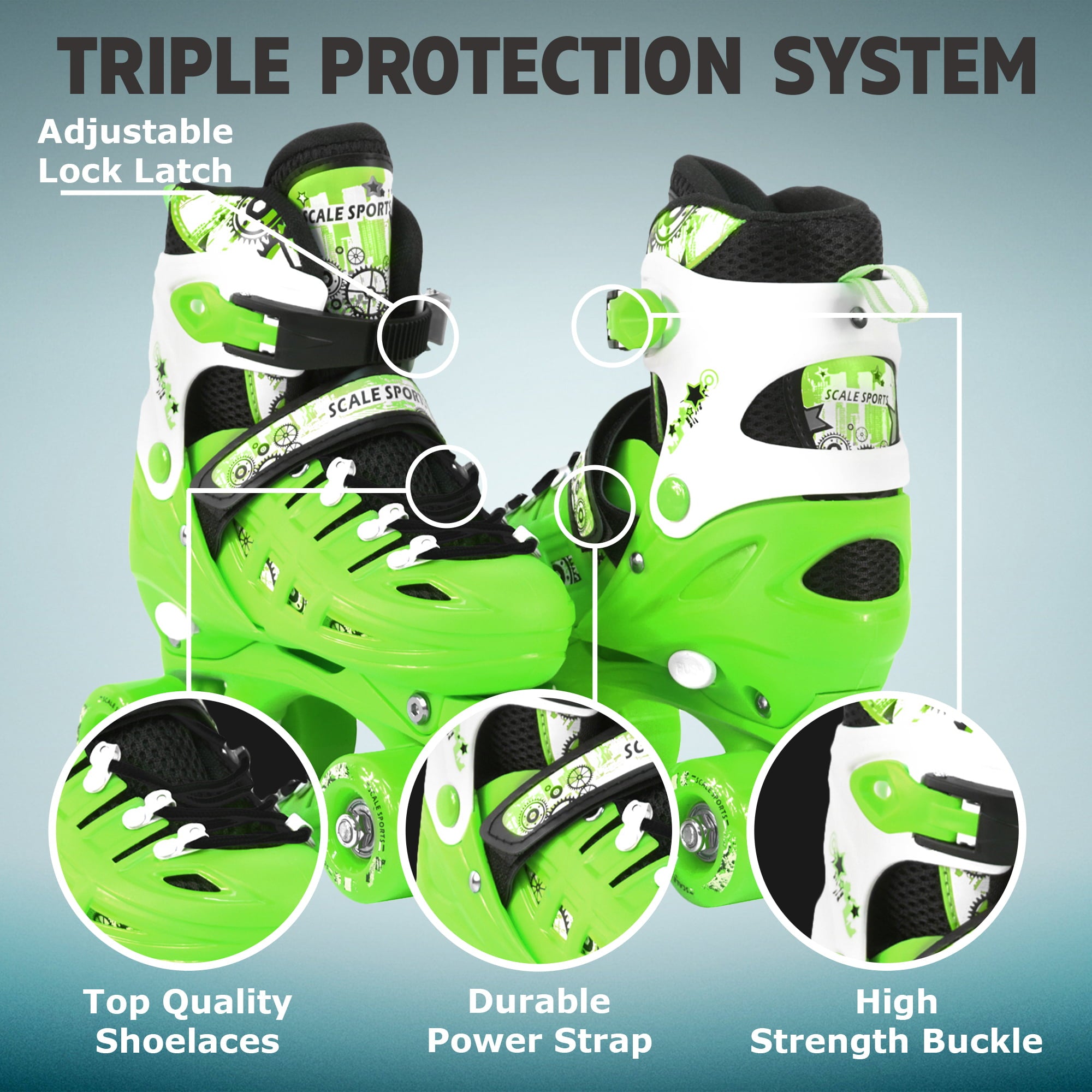 Adjustable Green Quad Roller Skates For Kids Medium Sizes