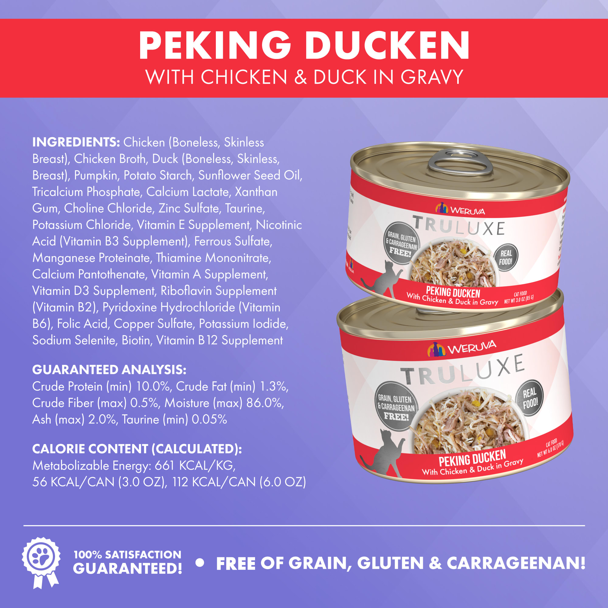 TruLuxe Peking Ducken with Chicken  Duck in Gravy Wet Cat Food， 6 oz.， Case of 24