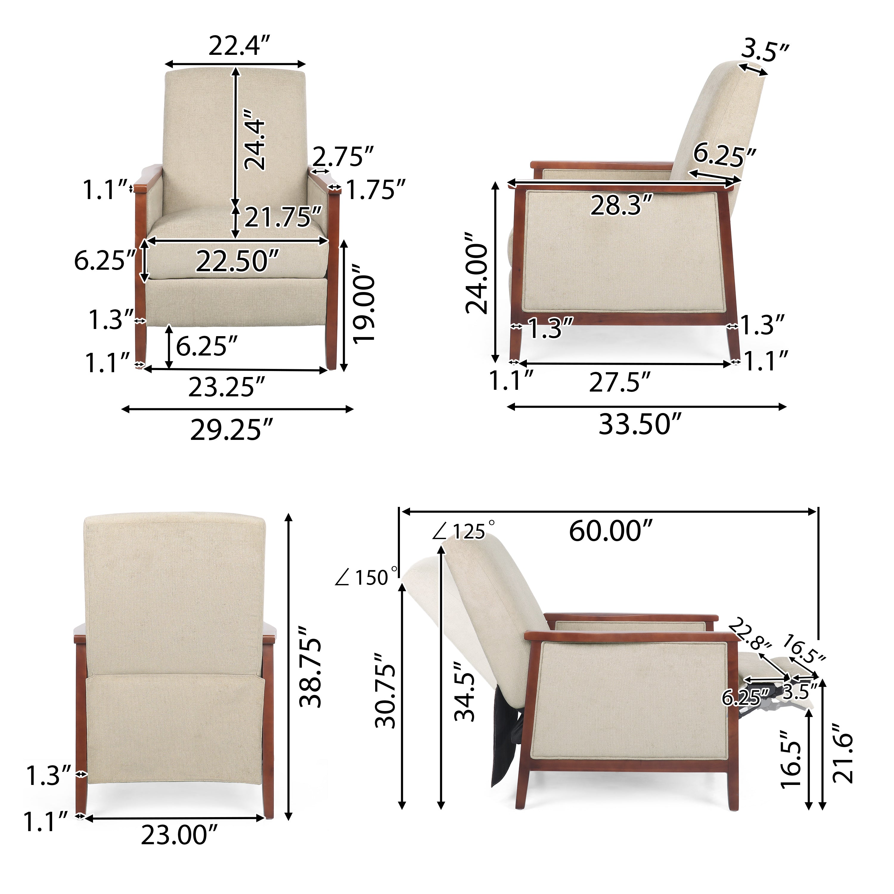 Ambleside Mid Century Modern Fabric Upholstered Wood Pushback Recliner