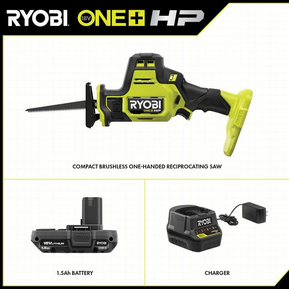 RYOBI ONE+ HP 18V Brushless Cordless Compact One-Handed Reciprocating Saw Kit with 1.5 Ah Battery and 18V Charger PSBRS01K