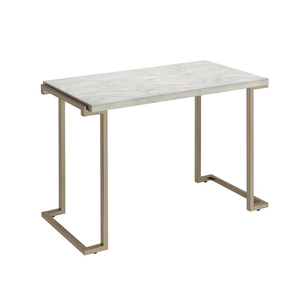 Contemporary Metal Frame Sofa Table with Faux Marble Top  White and Gold   30 H x 18 W x 44 L Inches