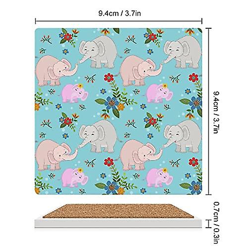 Colourlife Square Drink Coasters 1 Pcs Cute Elephant Family In Flowers Garden Absorbent Ceramic Coffee Coasters For Drinks With Cork Base Housewarming