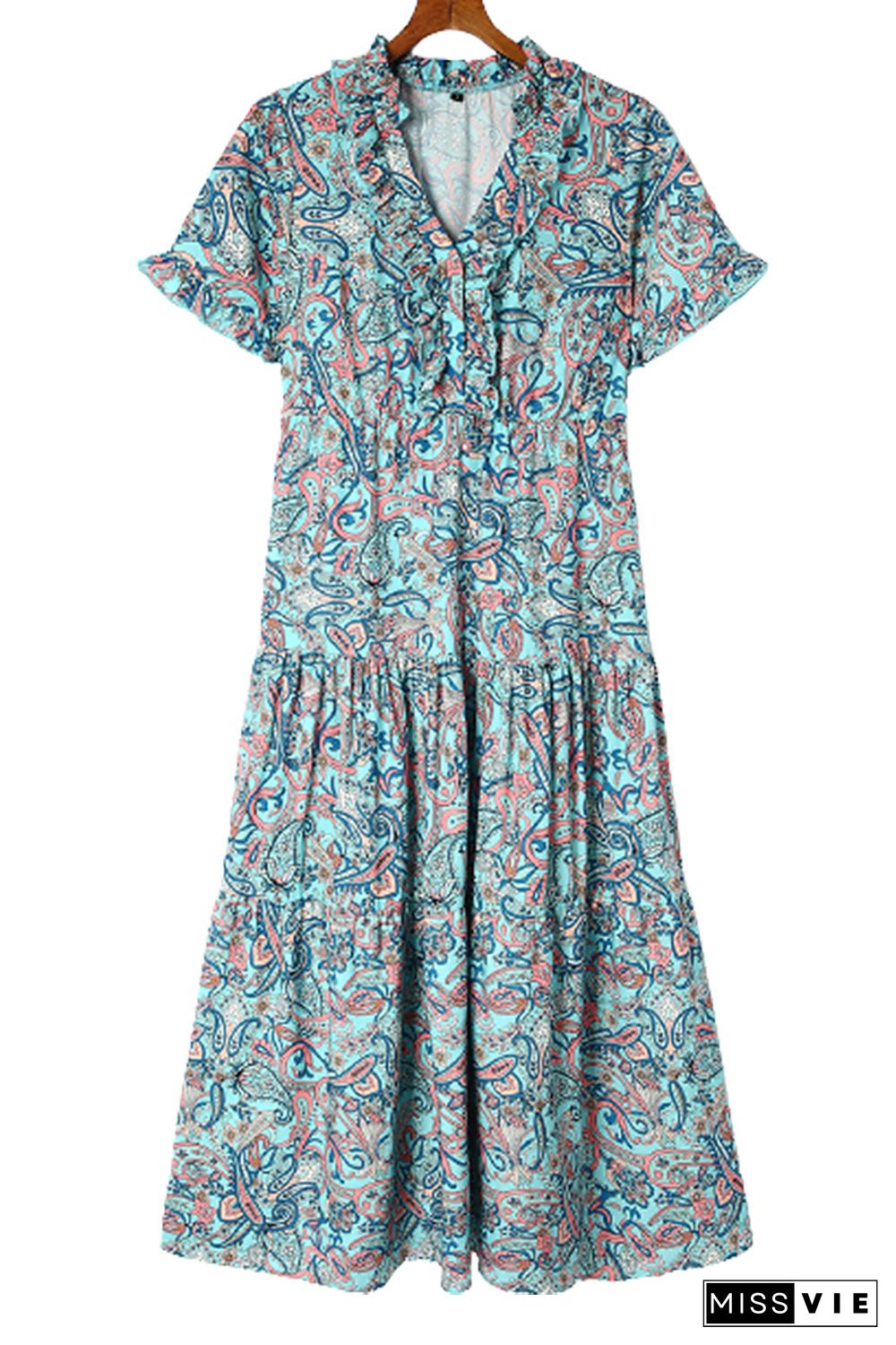 Sky Blue Paisley Print Boho Holiday Ruffle Tiered Maxi Dress