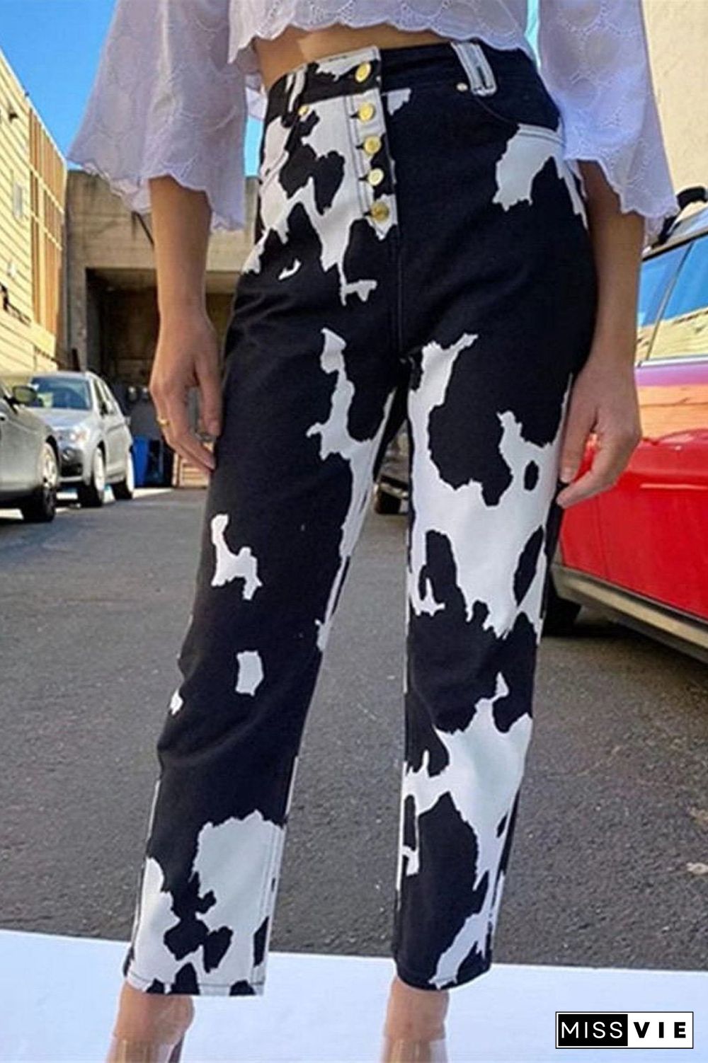 High-Rise Cows Pattern Denim Pants