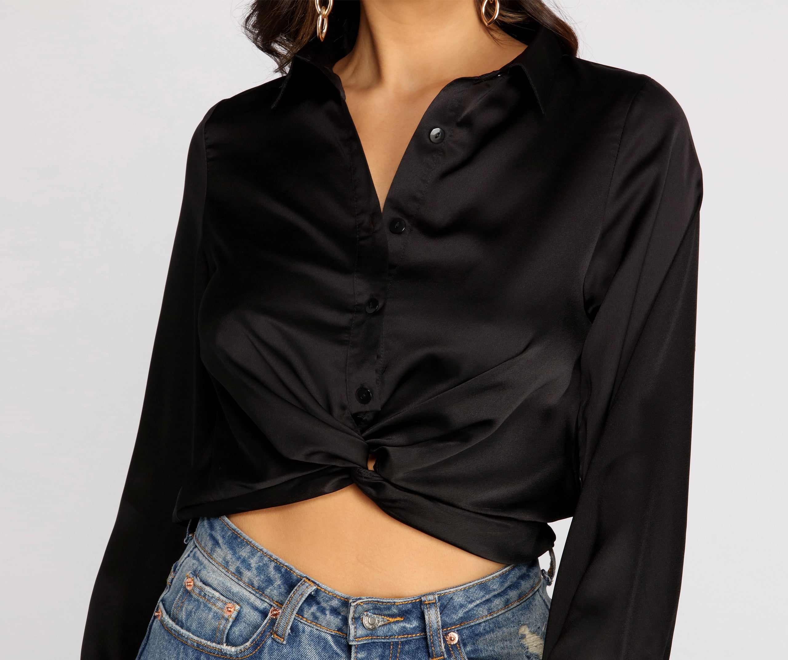 Satin Twist Front Collared Crop Top