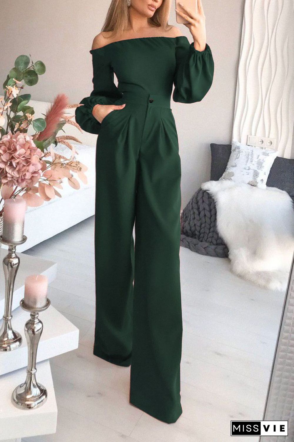 Dark Green Off-the-Shoulder Long Sleeve Jumpsuit