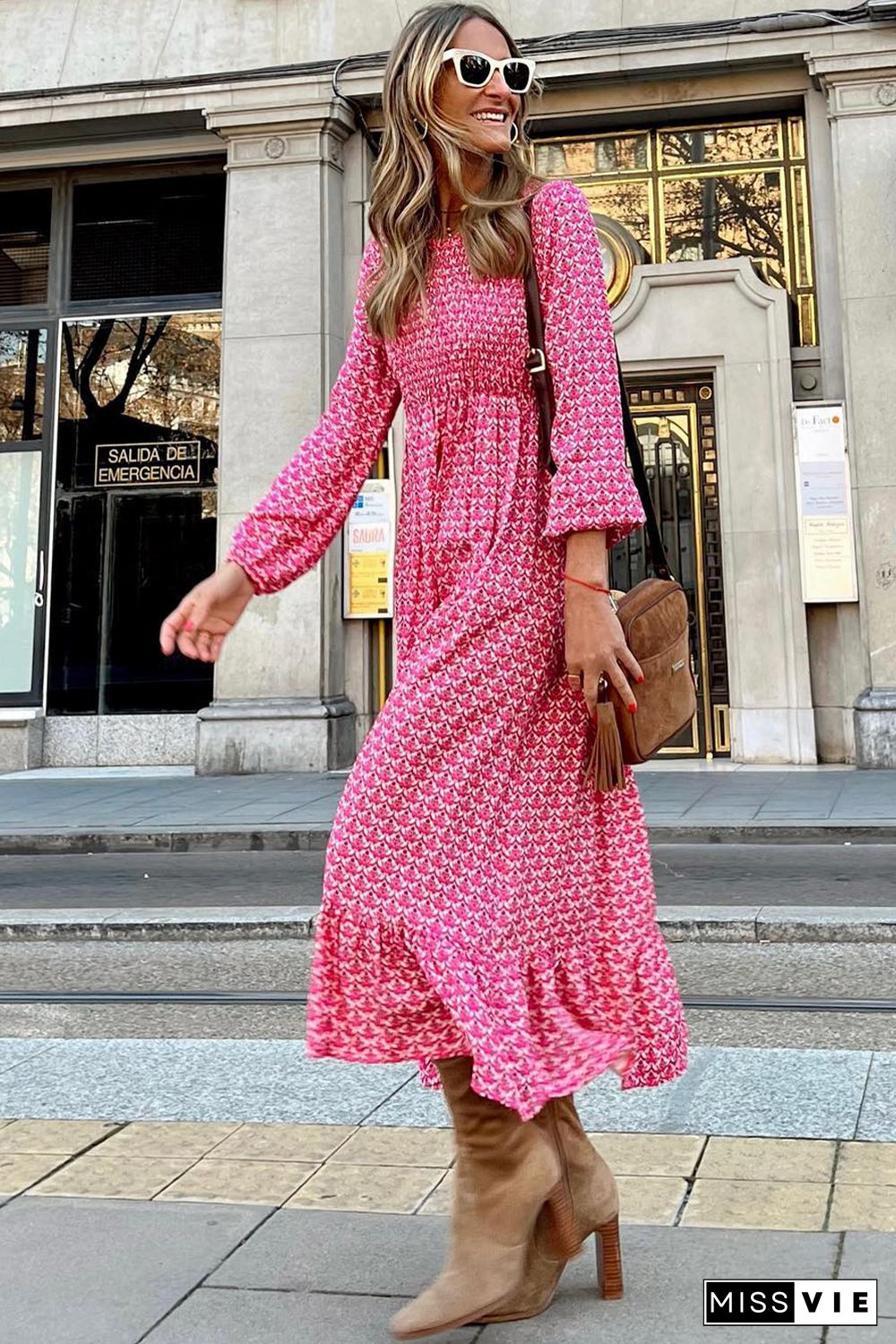 Rose Printed Ruffled Hem Long Dress