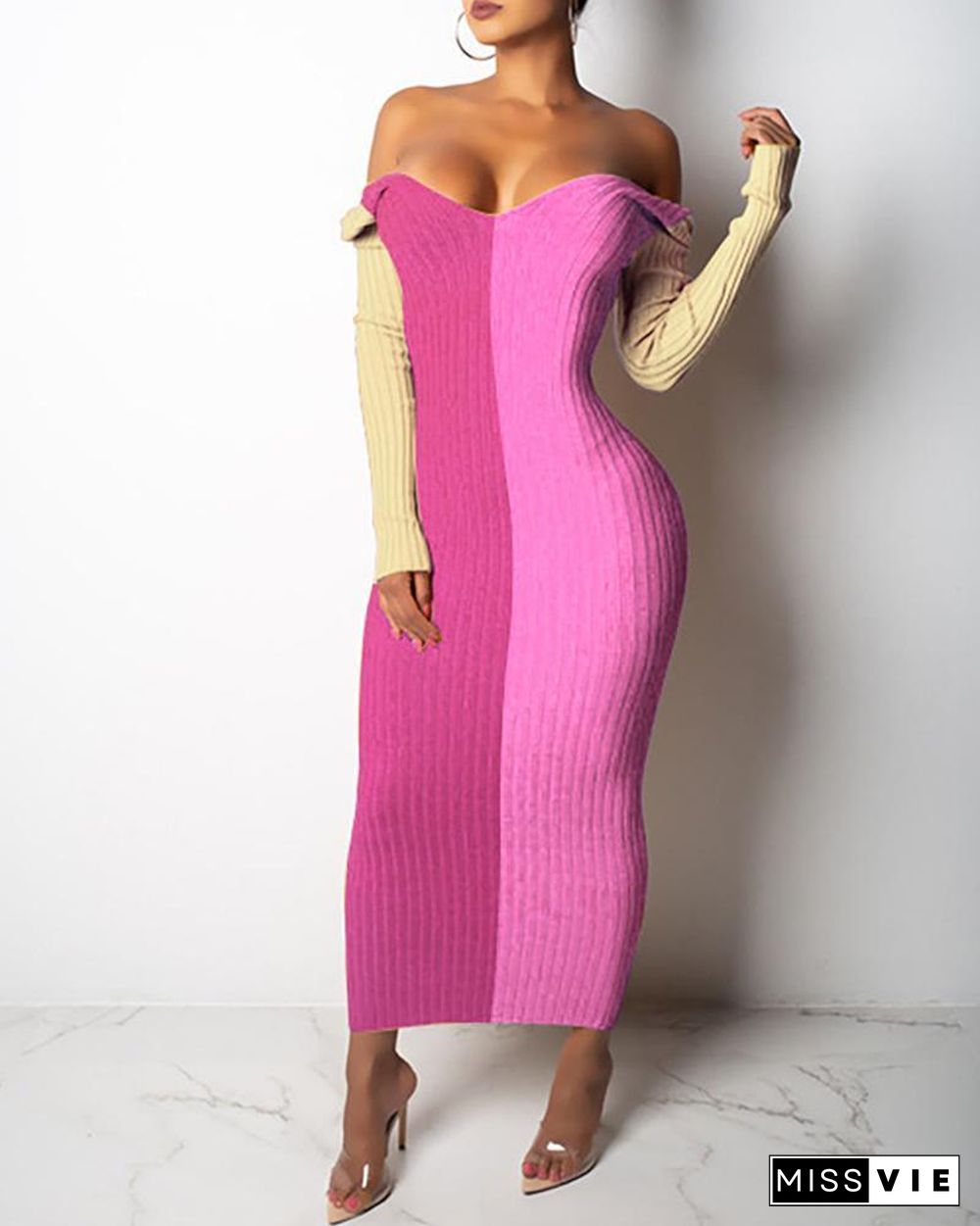 Colorblock Ribbed Off Shoulder Maxi Dress P10976