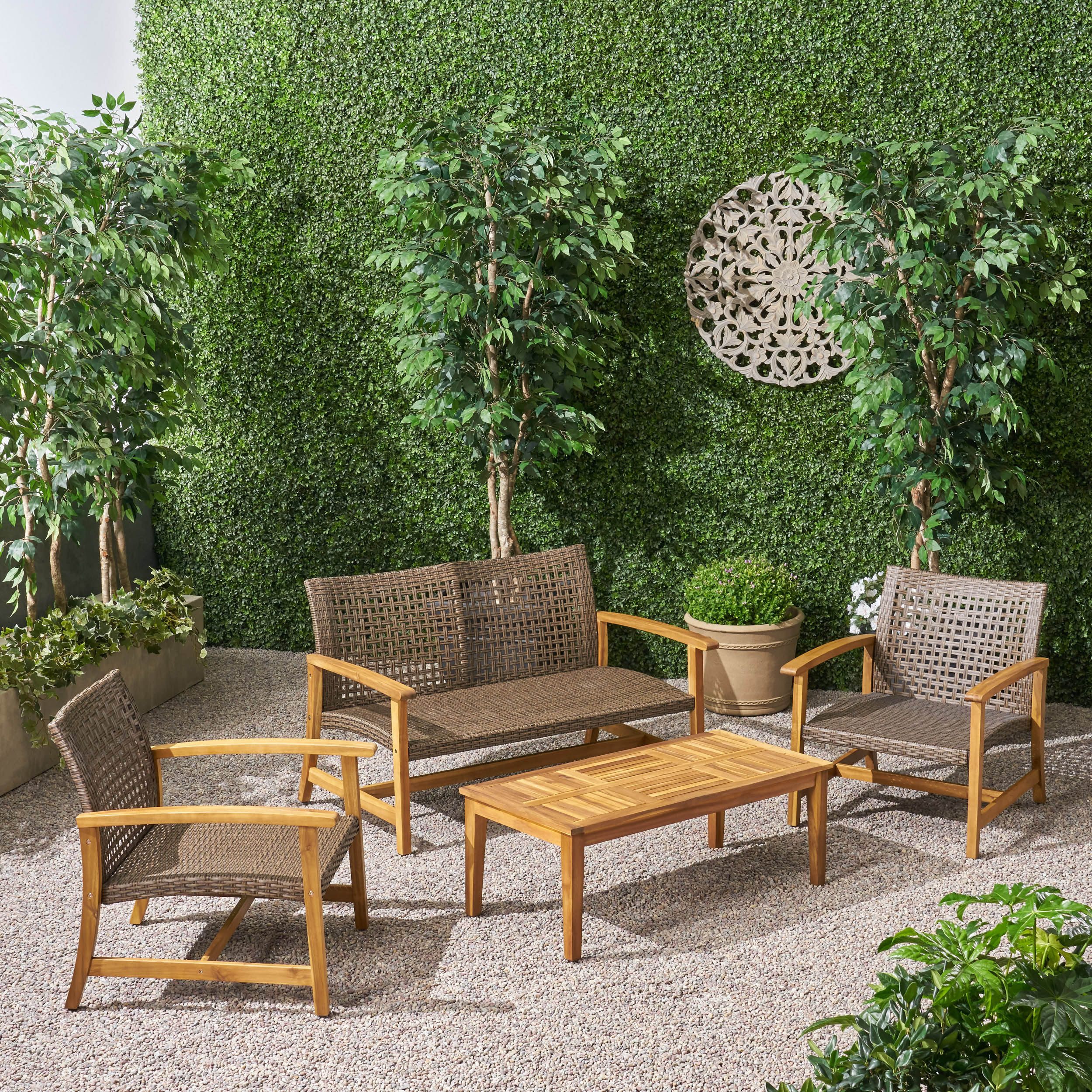 Spring Spender Outdoor 4 Piece Wood and Wicker Chat Set