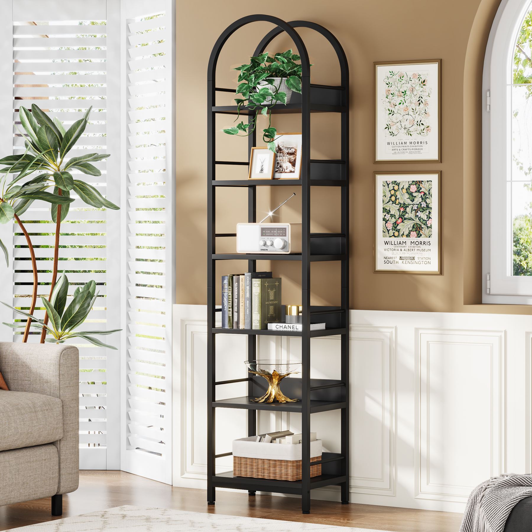 6-Tier Bookshelf, 78.7 Narrow Bookcase Arched Display Shelf