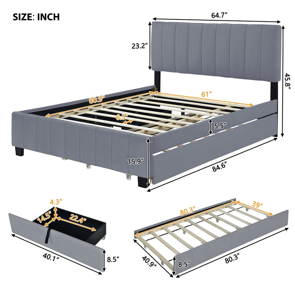 Queen Size Velvet Upholstered Platform Bed with Twin XL Size Trundle Bed  2 Storage Drawers and Headboard