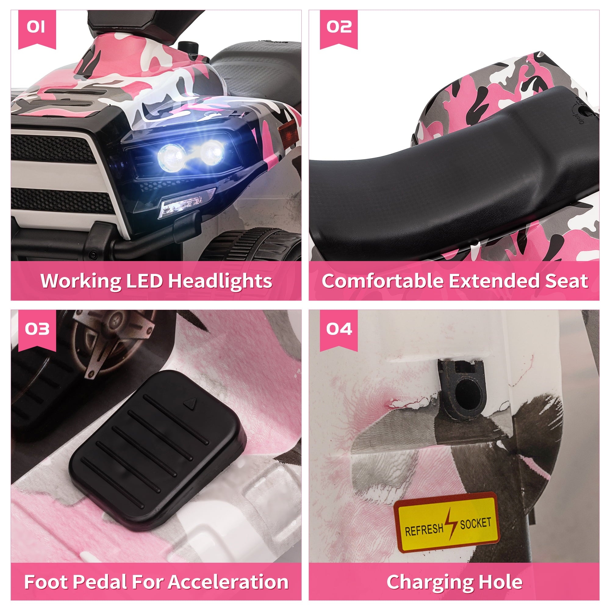 TOBBI 6V Electric Kids Ride on ATV Quad Car 4 Wheeler Ride on Toy W/ LED Headlight, Horn, Speed Indicator, Pink Camouflage