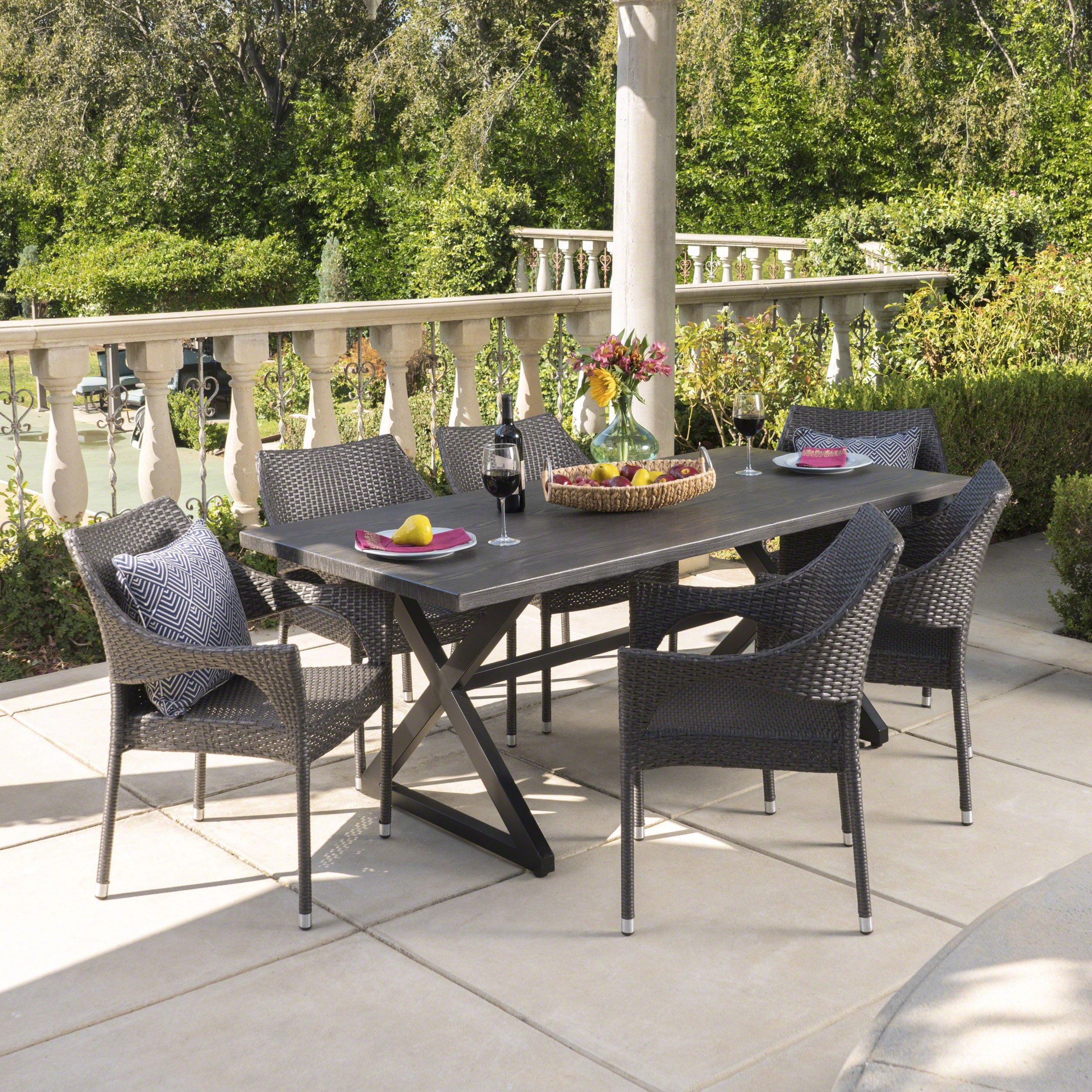 Graywood Outdoor 7 Piece Wicker Dining Set with Rectangular Aluminum Table