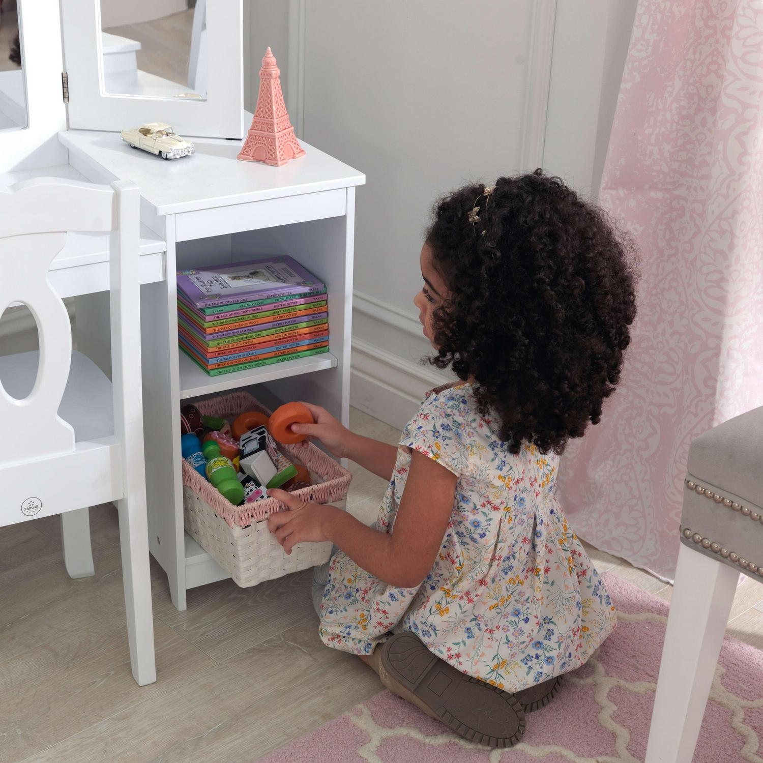 KidKraft Wooden Deluxe Vanity and Chair with Triple Mirror and Shelves White  Crowdfused