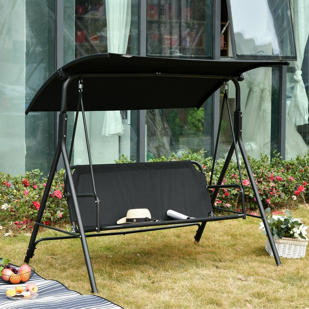 Outsunny Black 3Person Patio Porch Swing with Adjustable WeatherResistant Canopy