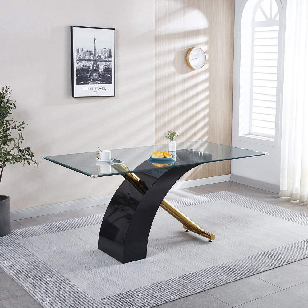 MDF Veneer Rectangular Glass Top Dining Table  Wood Base Modern Design Rectangular Room Table For Home (Black or White)