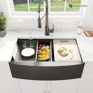 Glacier Bay Gunmetal Black Stainless Steel 36 in. 18-Gauge Single Bowl Farmhouse Workstation Kitchen Sink ACS3622A1Q-W