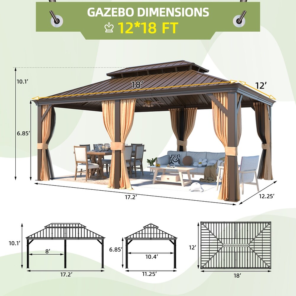 Outdoor Galvanized Steel Hardtop Patio Gazebo Pergola w/Aluminum Frame  Prime Curtains and nettings include