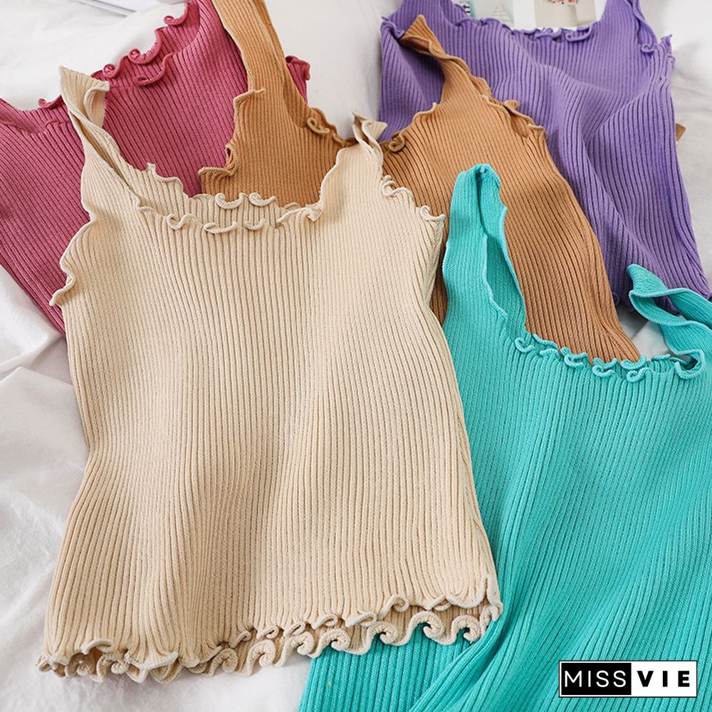 Pearl Diary 7 Colors Rib Knit Tank Tops Lettuce Edge Sexy Sleeveless Tops Summer Candy Color Sweet Tops For Women Beach Hot Top