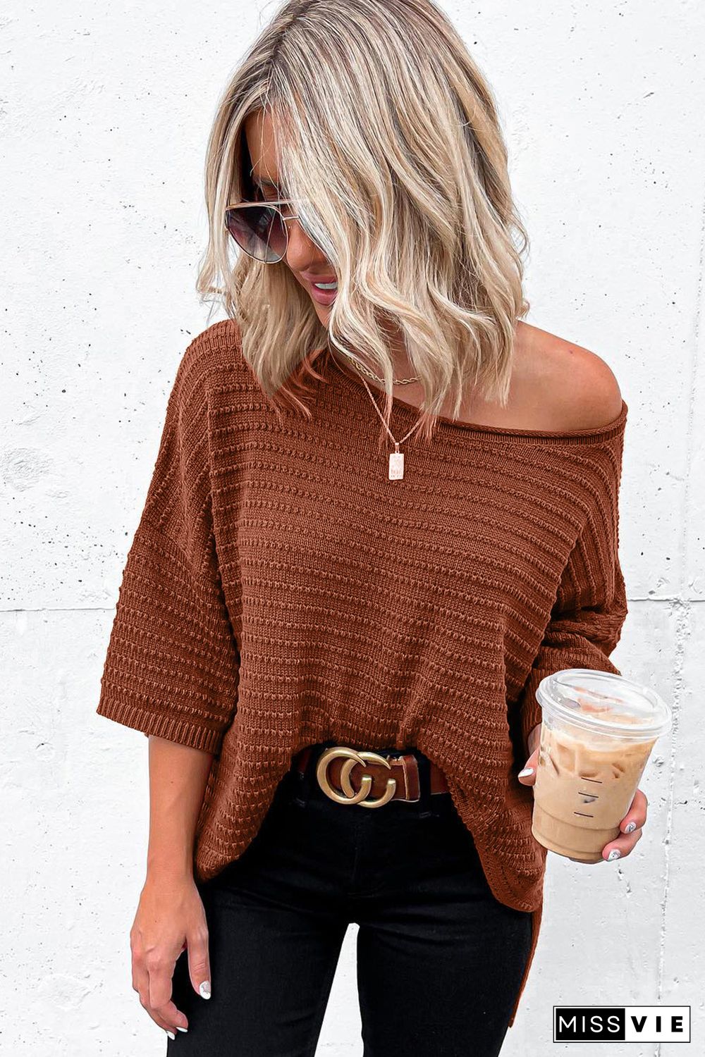 Brown Dotty Textured Knit Drop Shoulder Tee