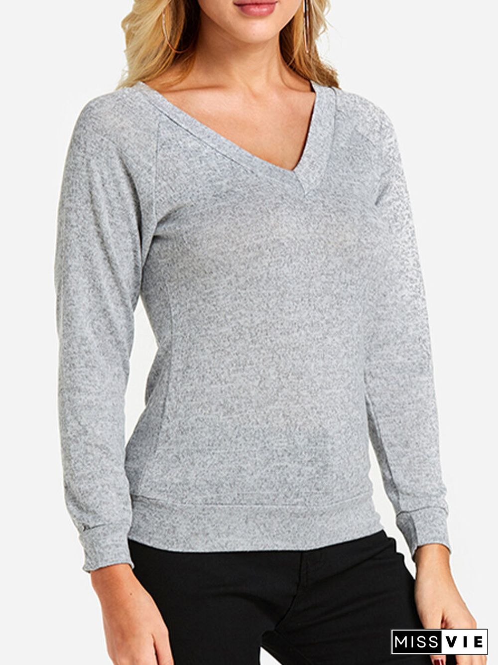 Solid Color Plain Knitted V-neck Long Sleeve Casual T-shirt for Women