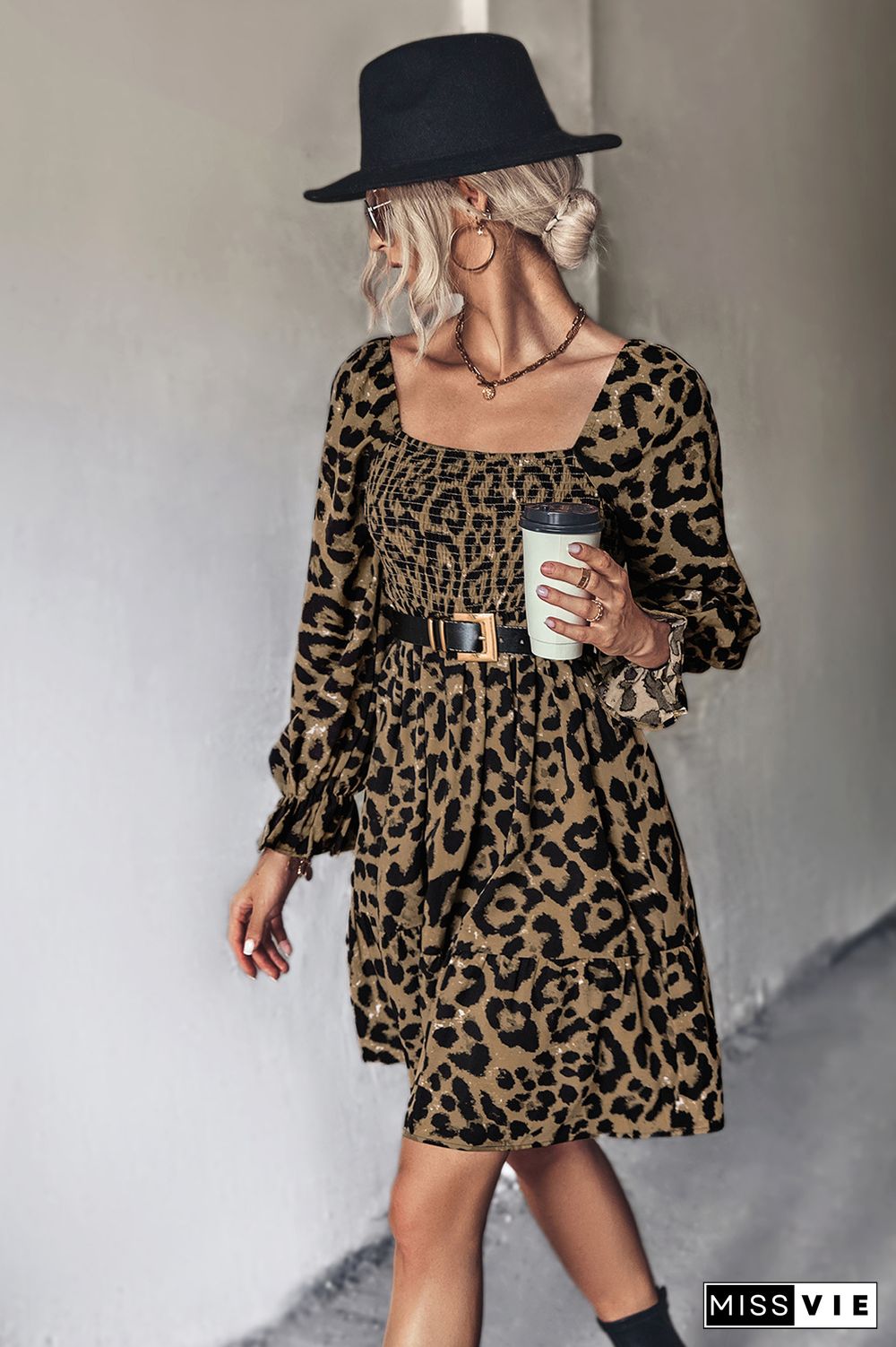 Smocked Square Neck Leopard Print Mini Dress