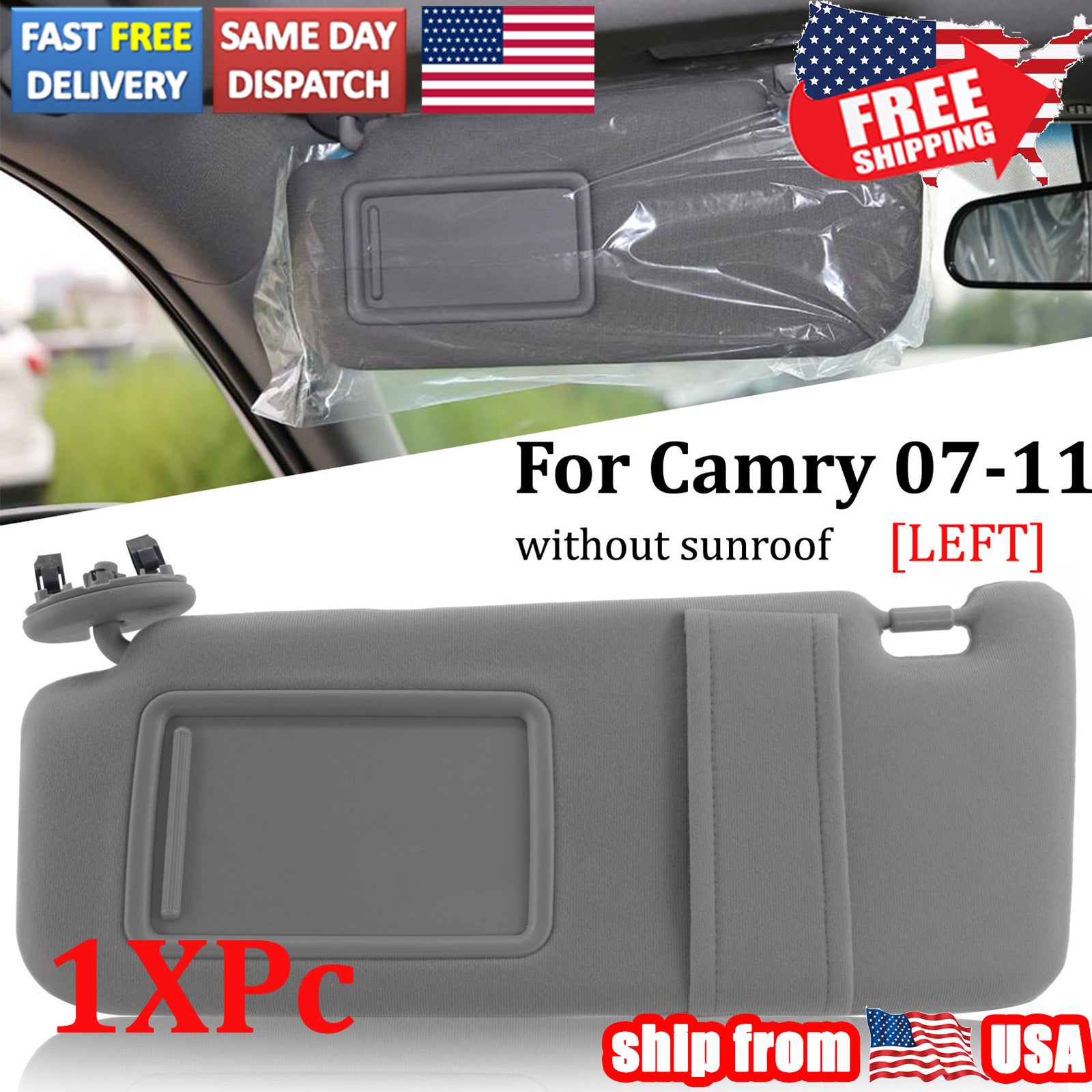 For Toyota Camry 2007-2011 Left Driver Side Sun Visor Without Sunroof Gray Clip