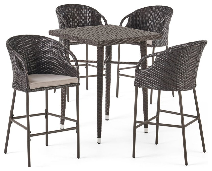 Noble House Dominica 5Pc Multi Brown Wicker Square Bar Set w/Light Brown Cushion   Tropical   Outdoor Pub And Bistro Sets   by Homesquare  Houzz