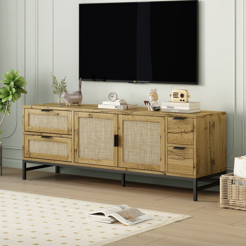 59.09'' Boho Style TV Stand for TVs up to 65 in with Wood Grain Surface and Adjustable Shelves