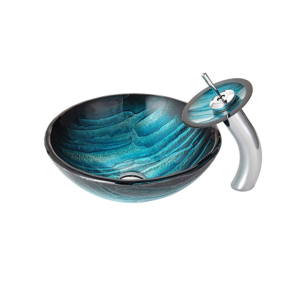 KRAUS Ladon Glass Vessel Sink in Blue with Waterfall Faucet in Chrome C-GV-399-19mm-10CH