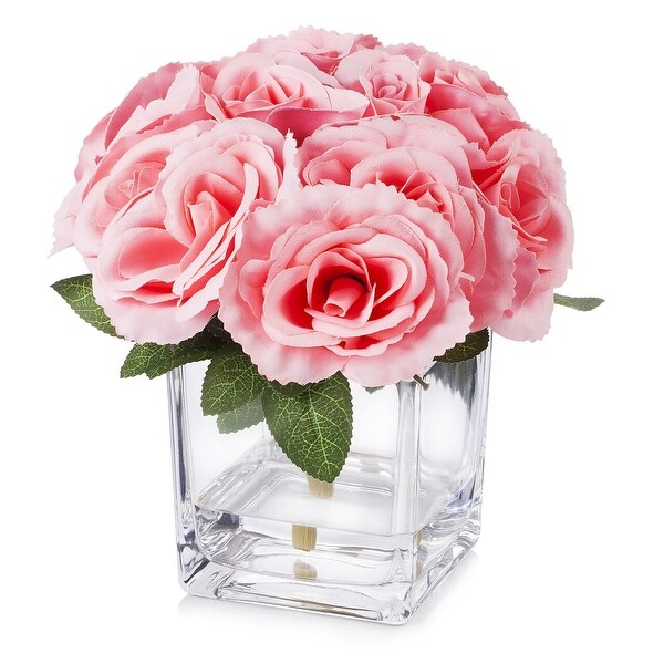 Enova Home Artificial Velvet Fake Roses Silk Flowers Arrangement in Cube Glass Vase with Faux Water for Home Decoration