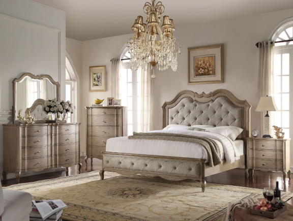 Acme Chelmsford Queen Bed in Beige Fabric   Antiqu...