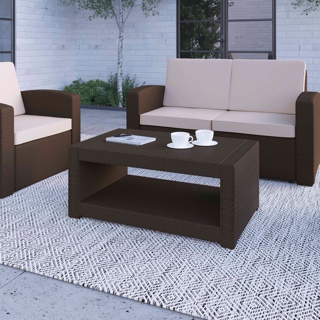 Merrick Lane Outdoor Furniture Coffee Table Chocolate Brown Faux Rattan Wicker Pattern All weather Patio Coffee Table With Shelving