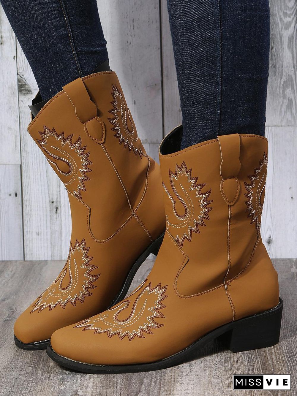 Retro Embroidered Ethnic Style Chunky Heel Casual Cowboy Boots