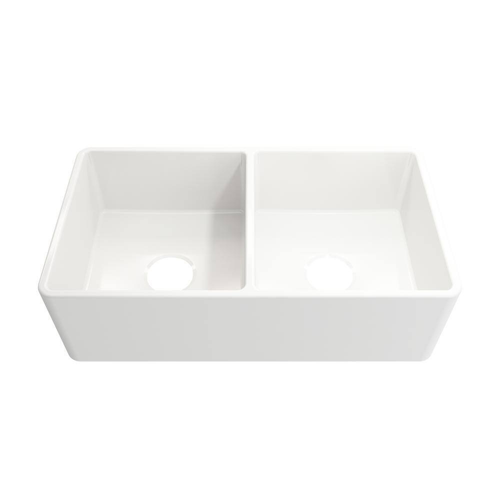 Glacier Bay Farmhouse Apron-Front Fireclay 33 in. Double Bowl Kitchen Sink in White with Bottom Grid 3ABRB-39-001