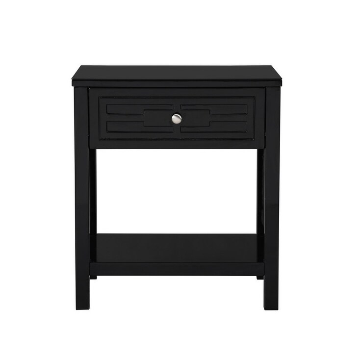 Dylan Black Wooden End Side Table Nightstand with Glass Top and Drawer