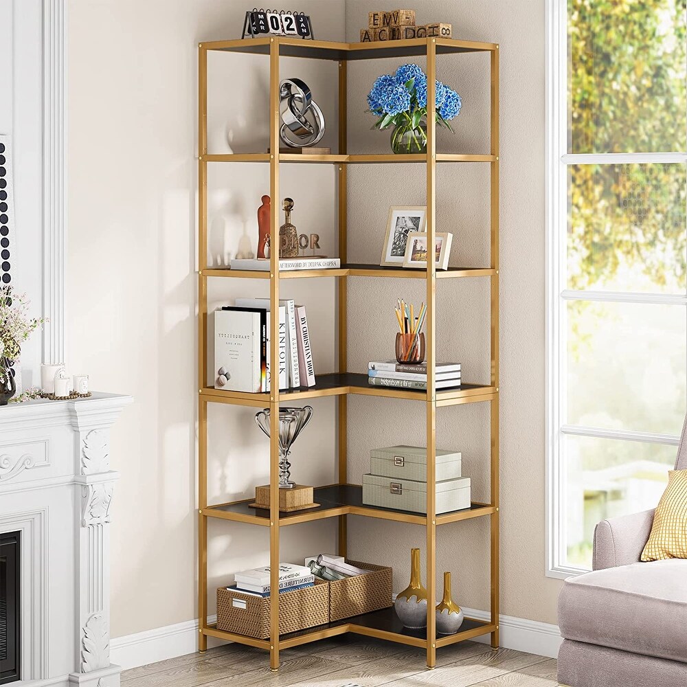 6 Shelf Corner Bookshelf  70.9 Inch L Shaped Bookcase for Small Space