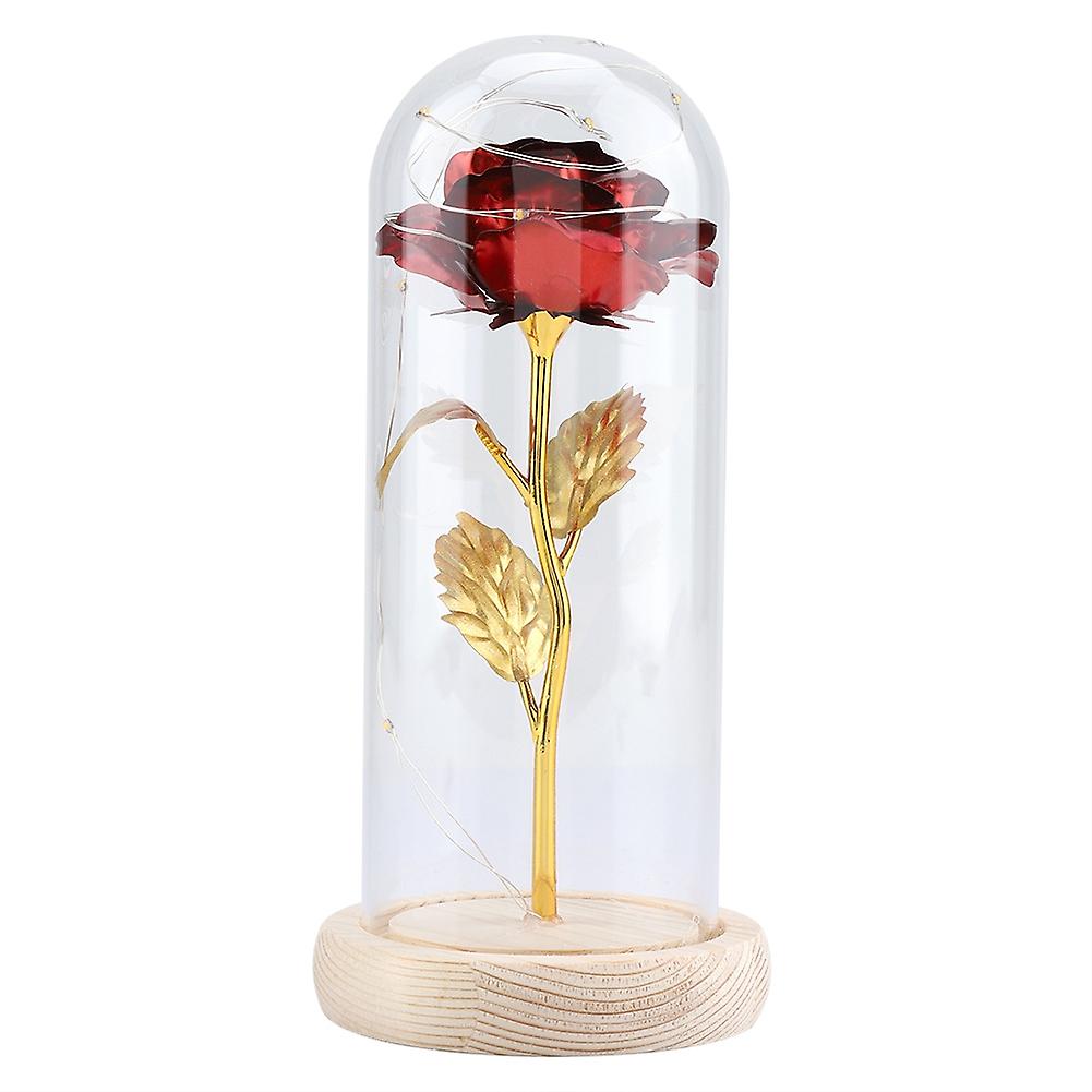 Preserved Rose Flower LED Light with Glass Cover andamp; Wooden Base Valentines'Day Wedding Red